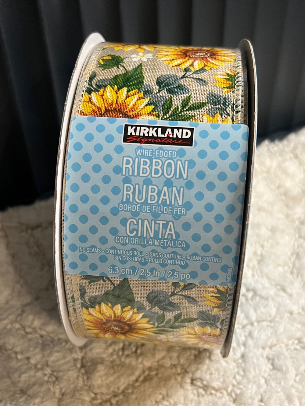 Kirkland Wired Ribbon Sunflower Daisy White Green Yellow Tan 50 Yd x 2.5”